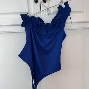 Blue Ruffled Bodysuit Top